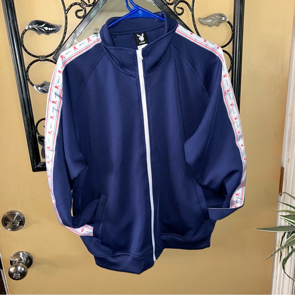 Playboy size Large navy blue coat striped zip up RN 102050